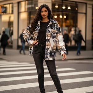 Elan Black and White Patterned Pea Coat